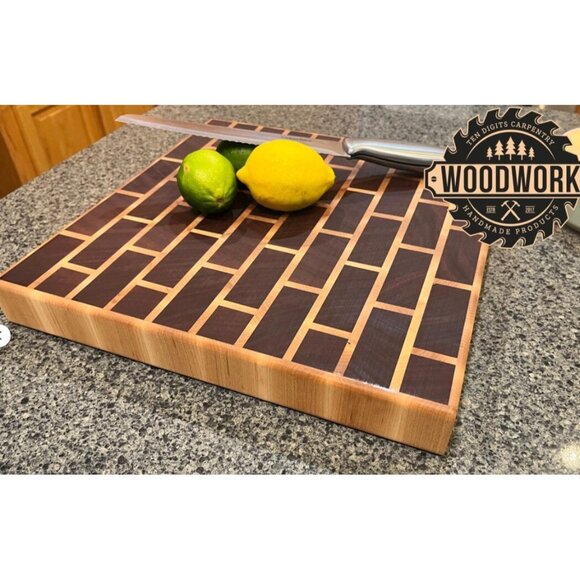 Mahogany, Maple, Beeswax, Handcrafted End Grain Cutting Board With Brick Pattern - Picture 3 of 9